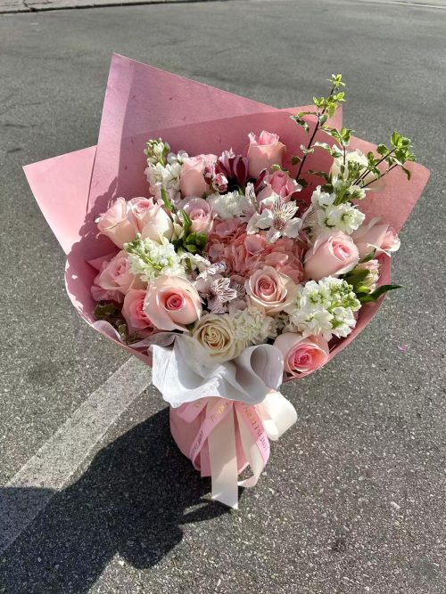 粉玫瑰15支 粉綉球 配花