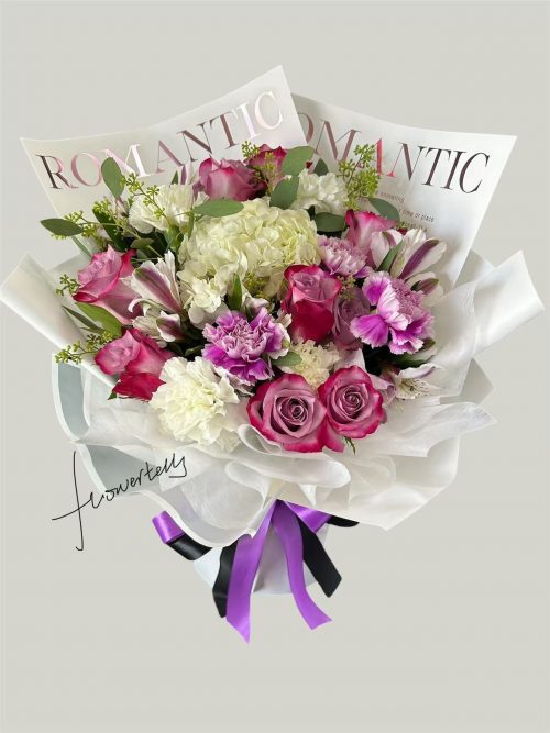 紫色玫瑰9支 白色綉球 1支